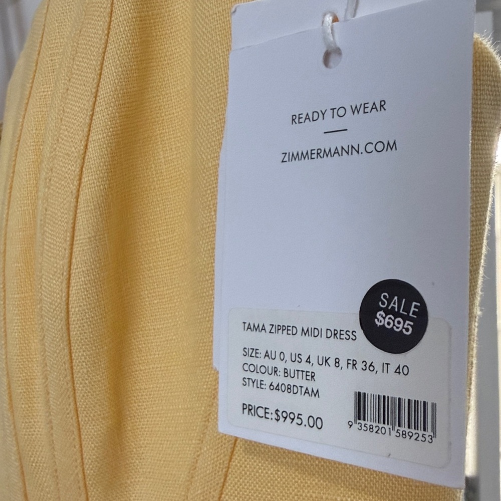 Zimmermann Pale Yellow Spaghetti-Strap Zip-Front Midi Dress - Picture 2 of 6